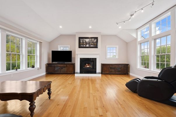 Fireplace, Interior, Recessed Lighting, Wood Texture Flooring