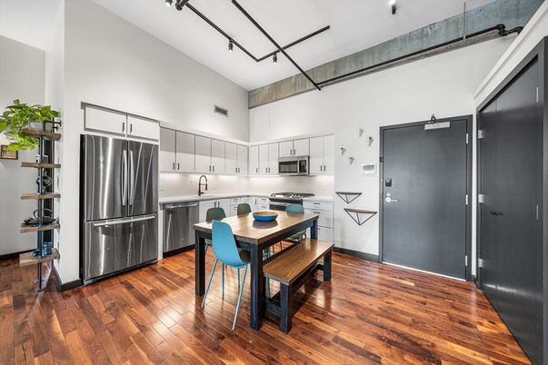 Dining room, Interior, Kitchen, Stainless Steel Appliances, Wood Texture Flooring