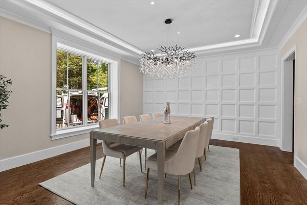 Dining room, Interior, Pendant Lights, Recessed Lighting, Wood Texture Flooring
