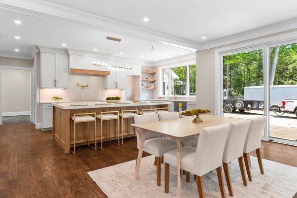 Dining room, Interior, Kitchen, Pendant Lights, Recessed Lighting, Wood Texture Flooring