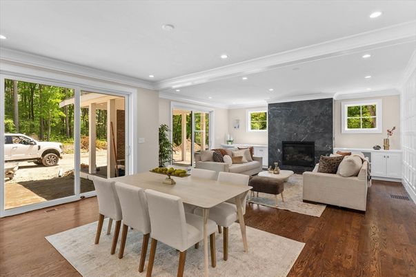 Dining room, Fireplace, Interior, Living room, Recessed Lighting, Wood Texture Flooring
