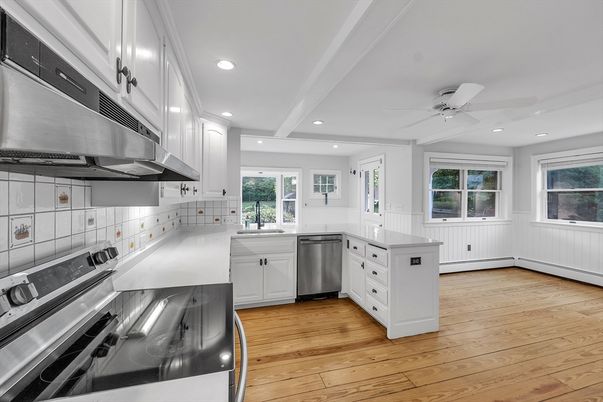 Fireplace, Interior, Kitchen, Recessed Lighting, Stainless Steel Appliances, Wood Texture Flooring