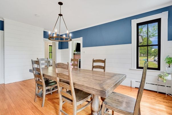 Dining room, Interior, Pendant Lights, Wood Texture Flooring