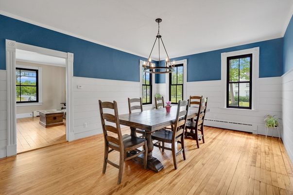 Dining room, Interior, Pendant Lights, Wood Texture Flooring