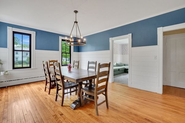 Dining room, Interior, Pendant Lights, Wood Texture Flooring