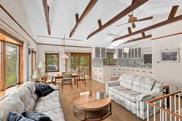 Dining room, Interior, Kitchen, Living room, Pendant Lights, Wooden Beams