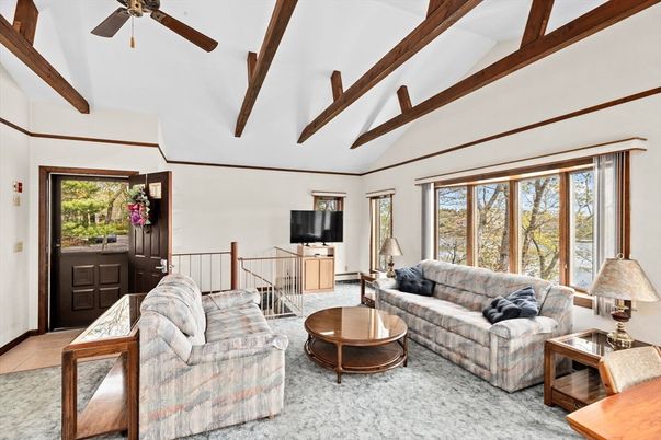 Dining room, Interior, Living room, Pendant Lights, Wooden Beams