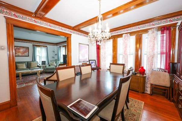 Chandelier, Dining room, Interior, Living room, Wooden Beams, Wood Texture Flooring