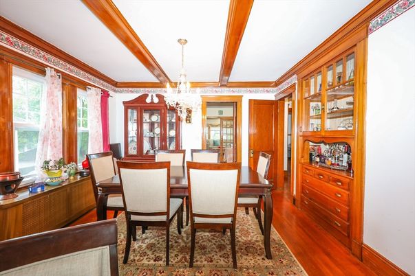 Chandelier, Dining room, Interior, Wooden Beams, Wood Texture Flooring