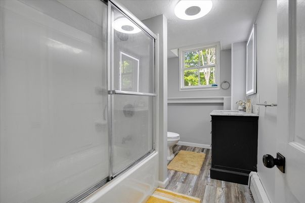 Bathroom, Glass Shower, Interior, Wood Texture Flooring