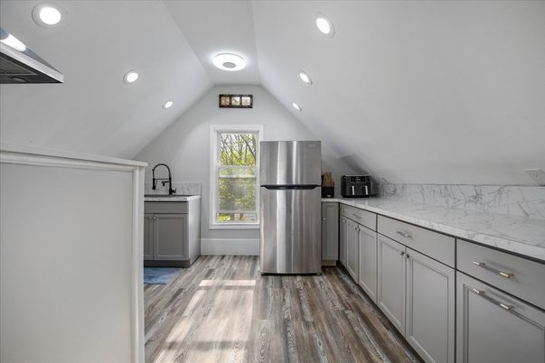 Interior, Kitchen, Marble Walls, Recessed Lighting, Wood Texture Flooring