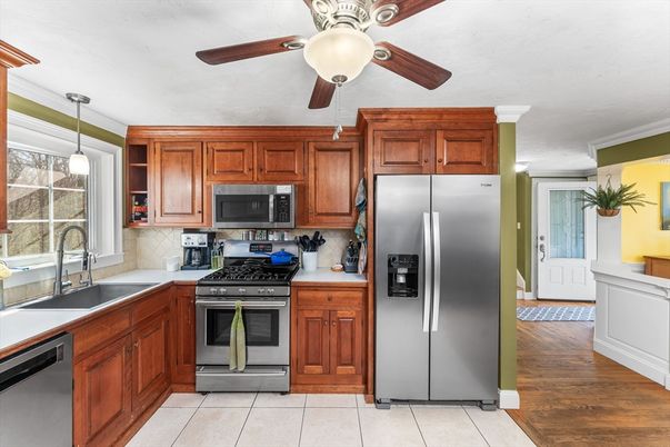 Interior, Kitchen, Pendant Lights, Stainless Steel Appliances, Wood Texture Flooring