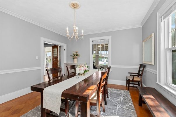 Chandelier, Dining room, Interior, Wood Texture Flooring