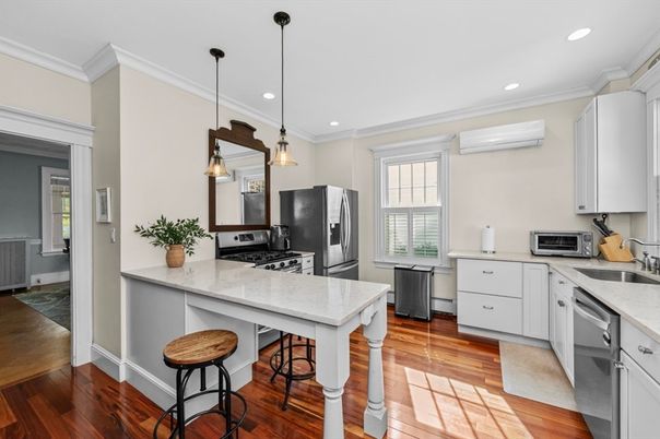 Interior, Kitchen, Pendant Lights, Recessed Lighting, Stainless Steel Appliances, Wood Texture Flooring