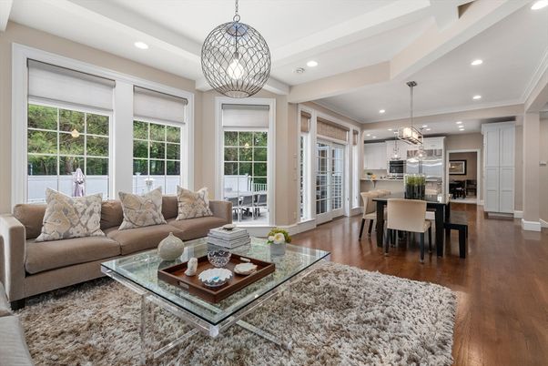 Dining room, Interior, Kitchen, Living room, Pendant Lights, Recessed Lighting, Stainless Steel Appliances, Wood Texture Flooring