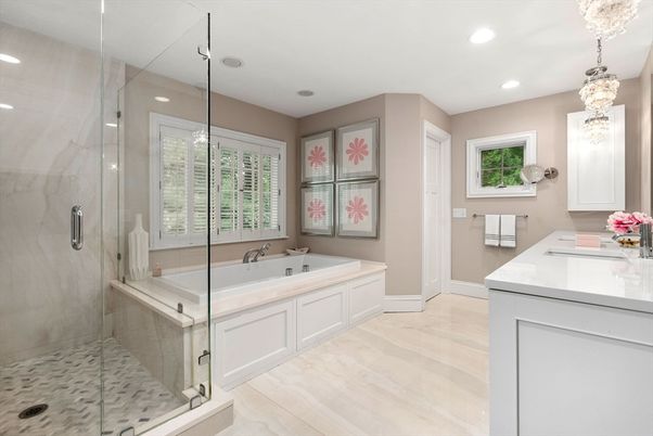Bathroom, Glass Shower, Interior, Pendant Lights, Recessed Lighting, Wood Texture Flooring