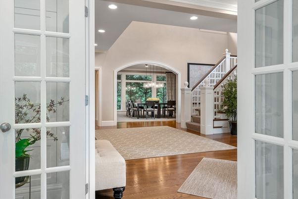 Dining room, Interior, Pendant Lights, Recessed Lighting, Wood Texture Flooring