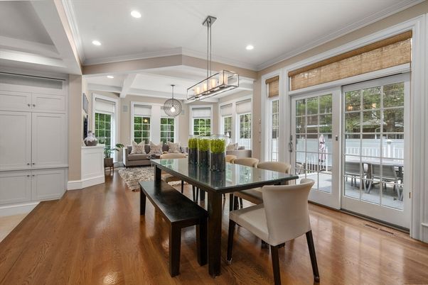 Dining room, Interior, Living room, Pendant Lights, Recessed Lighting, Wood Texture Flooring