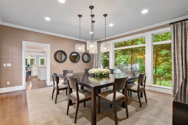 Dining room, Interior, Pendant Lights, Recessed Lighting, Wood Texture Flooring
