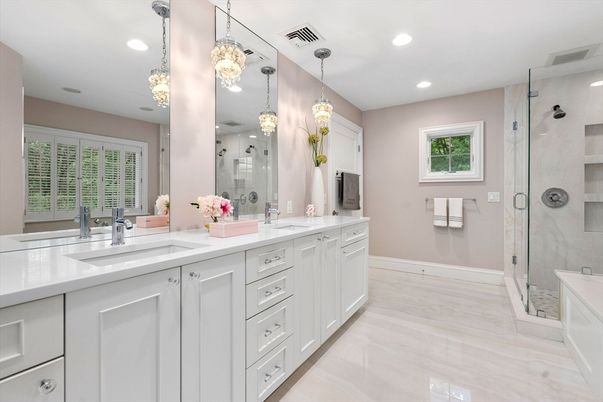 Bathroom, Dual Sink Vanities, Glass Shower, Interior, Pendant Lights, Recessed Lighting