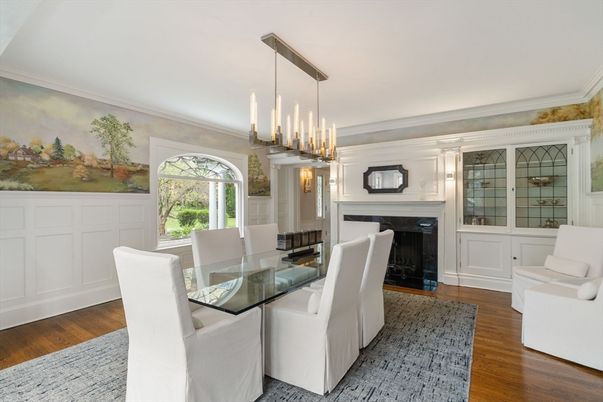 Dining room, Fireplace, Interior, Pendant Lights, Wood Texture Flooring