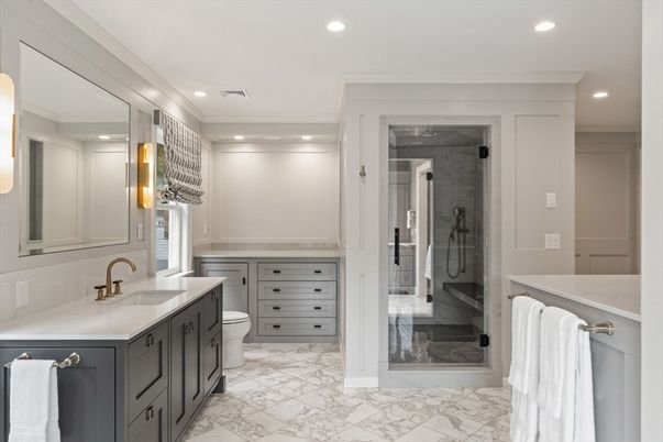Bathroom, Dual Sink Vanities, Glass Shower, Interior, Marble, Recessed Lighting