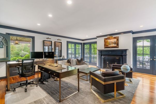 Fireplace, Home Office, Interior, Living room, Piano, Recessed Lighting, Wood Texture Flooring