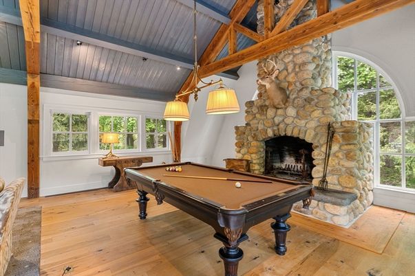Billiard Table, Fireplace, Game Room, Interior, Pendant Lights, Stone Walls, Wooden Beams, Wood Texture Flooring