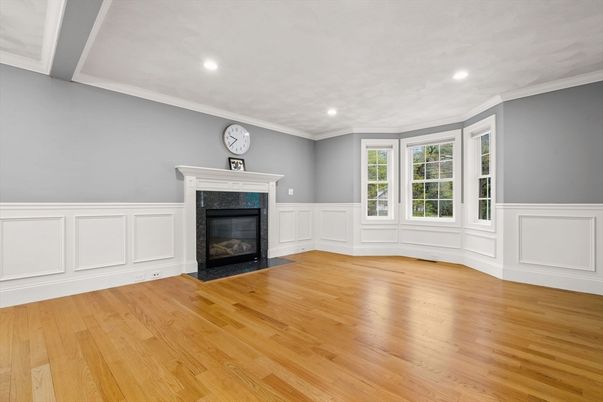 Empty room, Fireplace, Interior, Recessed Lighting, Wood Texture Flooring