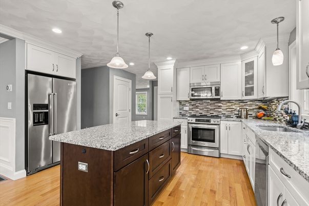 Interior, Kitchen, Pendant Lights, Recessed Lighting, Stainless Steel Appliances, Wood Texture Flooring