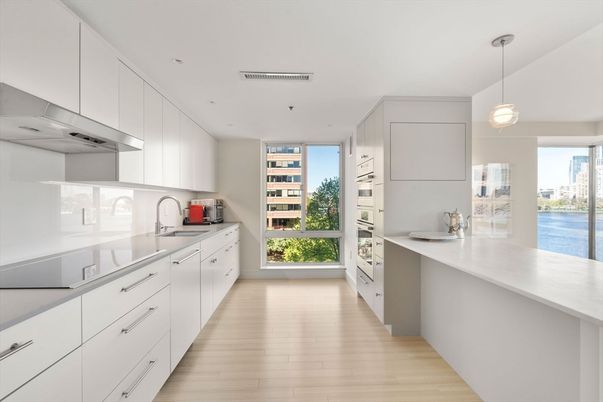 Interior, Kitchen, Pendant Lights, Recessed Lighting, Water, Wood Texture Flooring
