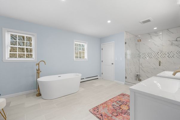 Bathroom, Free Standing Baths, Glass Shower, Interior, Marble Walls, Recessed Lighting