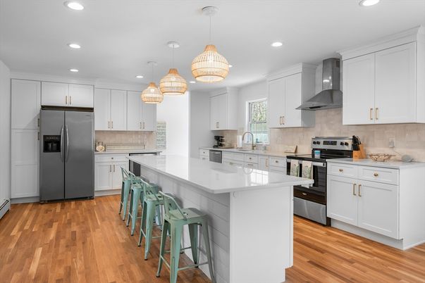 Interior, Kitchen, Pendant Lights, Recessed Lighting, Stainless Steel Appliances, Wood Texture Flooring