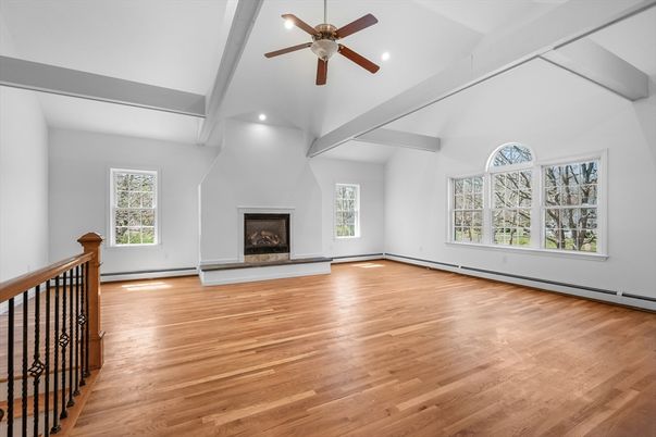 Empty room, Fireplace, Interior, Recessed Lighting, Wood Texture Flooring
