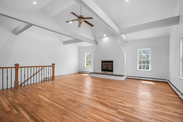Empty room, Fireplace, Interior, Recessed Lighting, Wood Texture Flooring