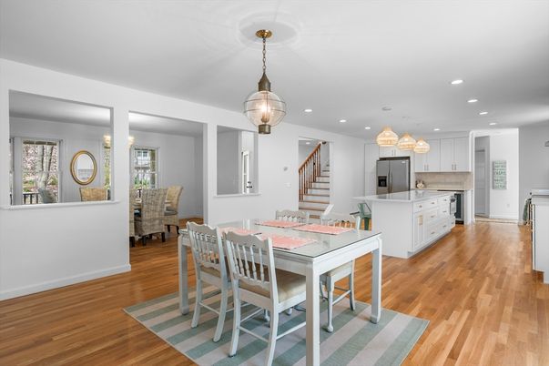 Dining room, Interior, Kitchen, Pendant Lights, Recessed Lighting, Wood Texture Flooring