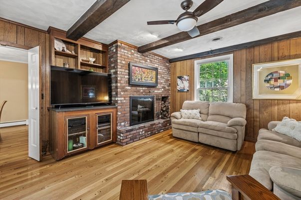 Fireplace, Interior, Living room, Stone Walls, Wooden Beams, Wood Texture Flooring, Wooden Walls