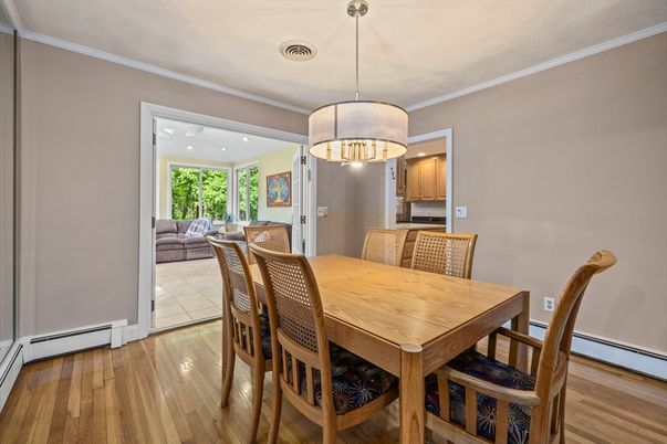 Dining room, Interior, Living room, Pendant Lights, Recessed Lighting, Wood Texture Flooring