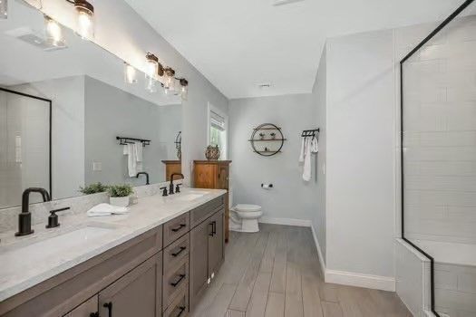 Bathroom, Dual Sink Vanities, Glass Shower, Interior, Wood Texture Flooring