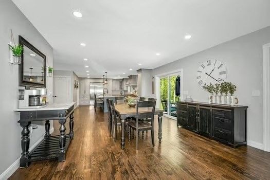 Dining room, Interior, Kitchen, Pendant Lights, Recessed Lighting, Stainless Steel Appliances, Wood Texture Flooring