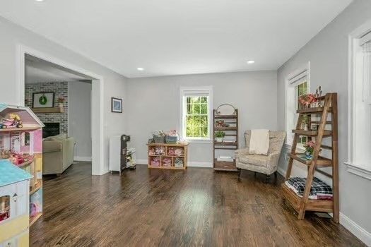 Fireplace, Interior, Recessed Lighting, Stone Walls, Wood Texture Flooring