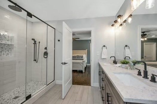 Bathroom, Bedroom, Dual Sink Vanities, Glass Shower, Interior, Wood Texture Flooring