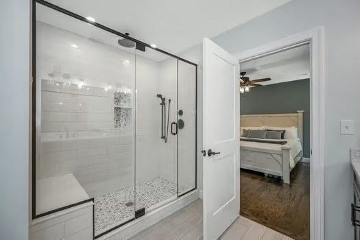 Bathroom, Bedroom, Glass Shower, Interior, Recessed Lighting, Wood Texture Flooring