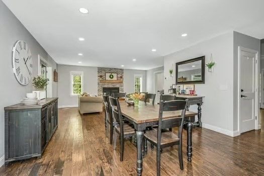 Dining room, Fireplace, Interior, Living room, Recessed Lighting, Wood Texture Flooring