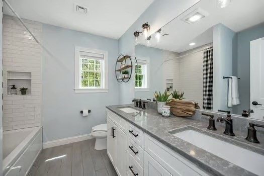 Bathroom, Dual Sink Vanities, Interior, Recessed Lighting, Wood Texture Flooring