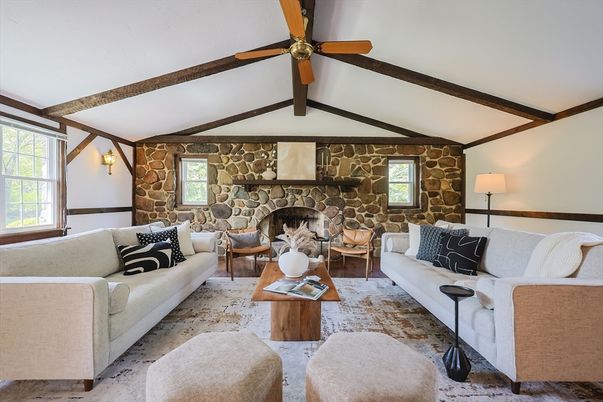 Fireplace, Interior, Living room, Stone Walls, Wooden Beams