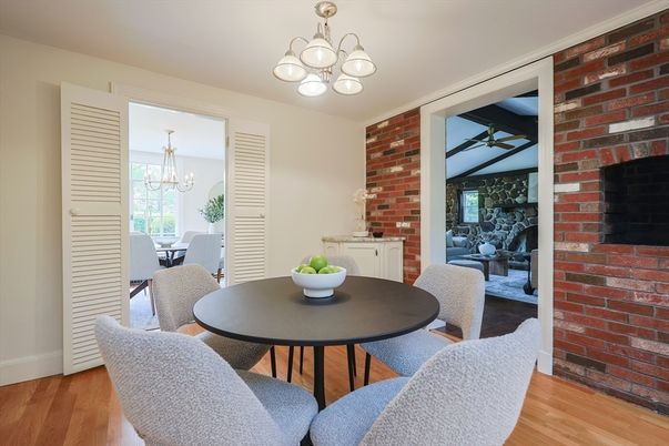 Chandelier, Dining room, Interior, Stone Walls, Wood Texture Flooring