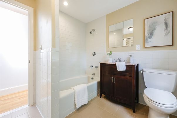 Bathroom, Interior, Recessed Lighting, Wood Texture Flooring