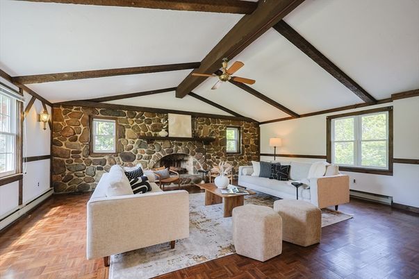 Fireplace, Interior, Living room, Stone Walls, Wooden Beams, Wood Texture Flooring