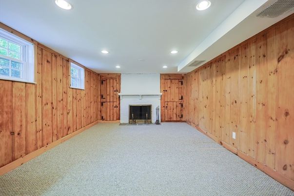 Empty room, Fireplace, Interior, Recessed Lighting, Wooden Walls